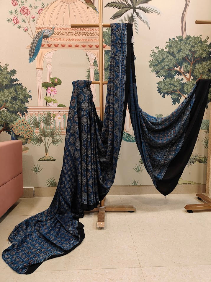 Elegant Blue & Black Ajrak Print Saree