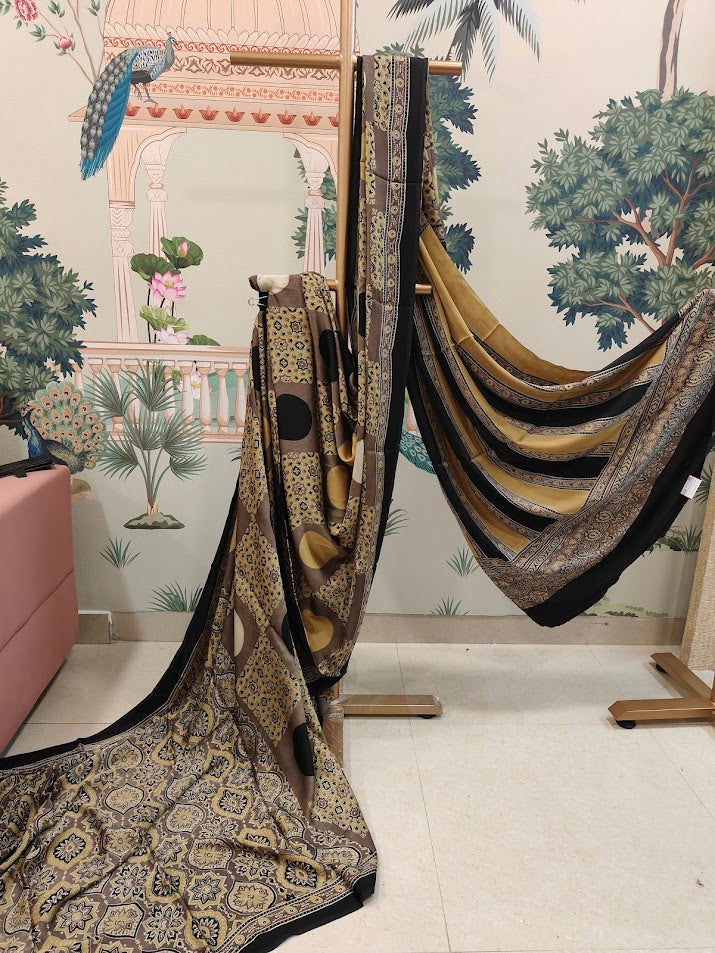 Brown & Mustard Ajrakh Print Saree with Geometric Motifs