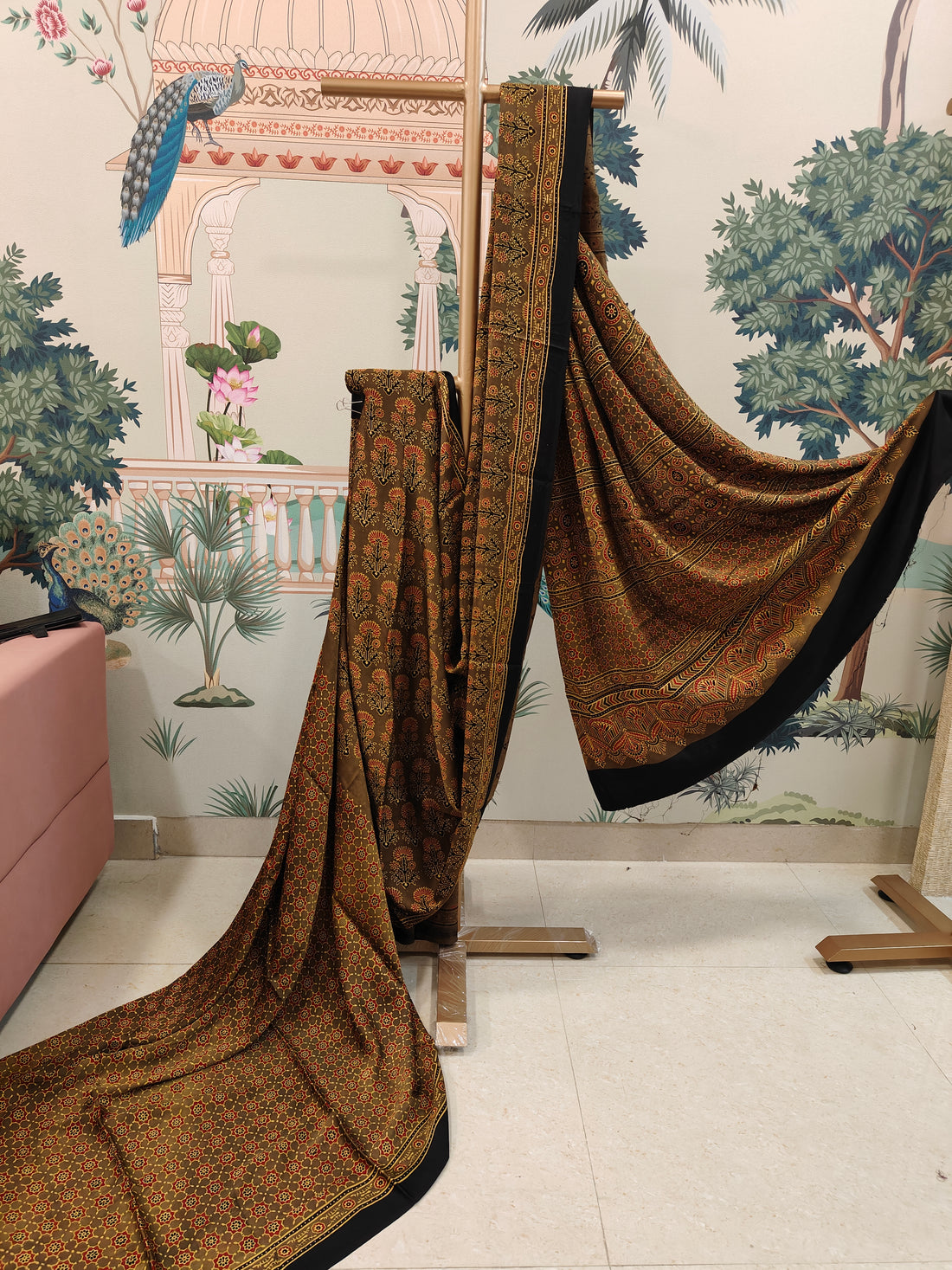 Olive Green Ajrakh Print Saree with Traditional Motifs