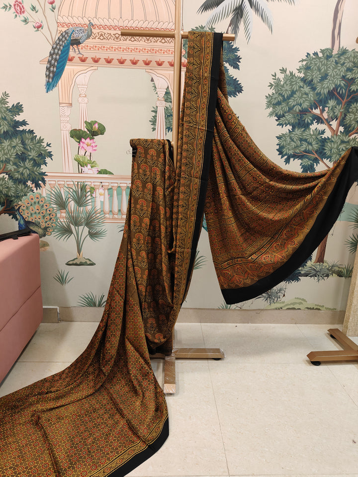 Olive Green Ajrakh Print Saree with Traditional Motifs