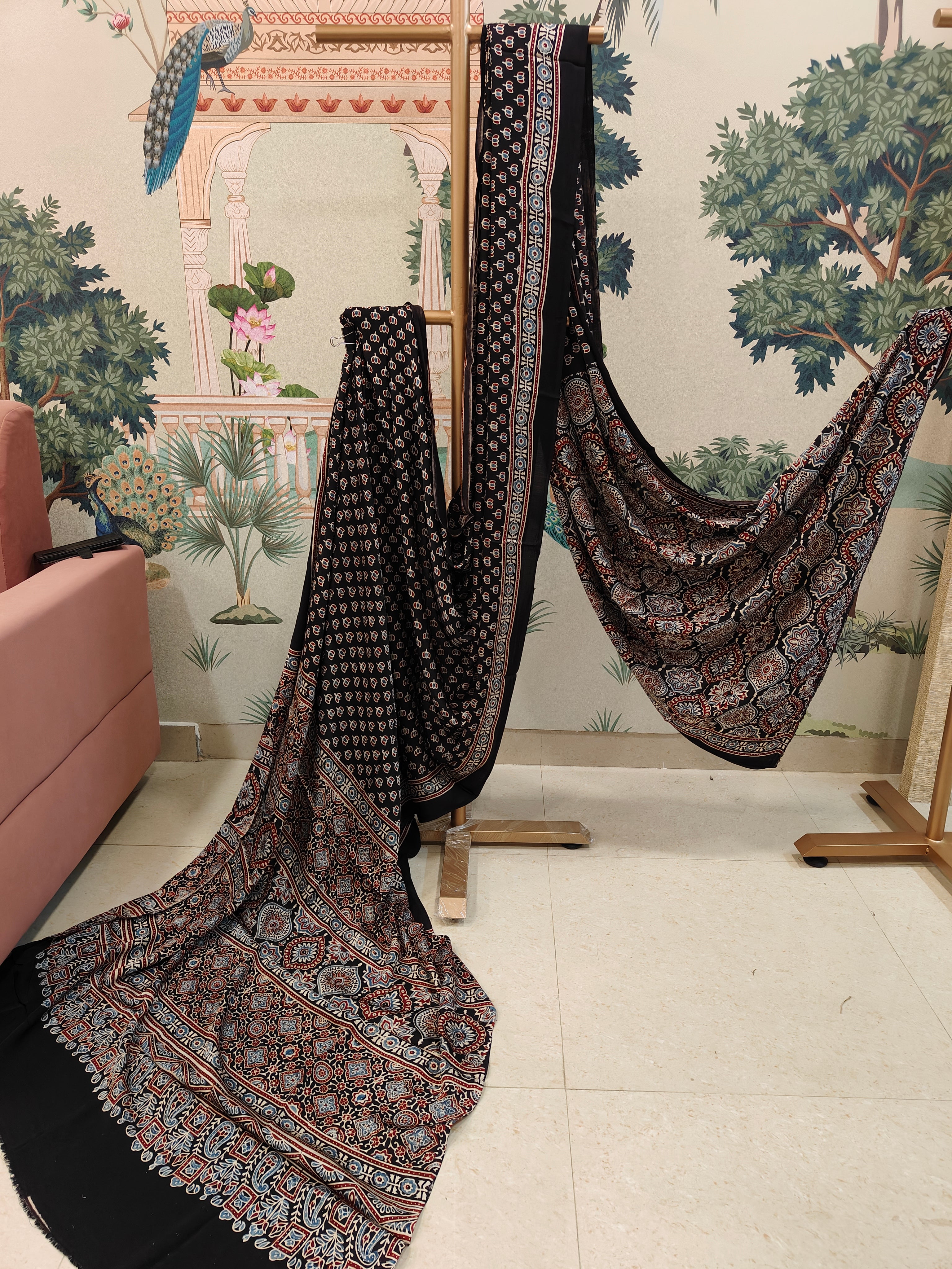 Black Ajrakh Print Saree with Intricate Patterns