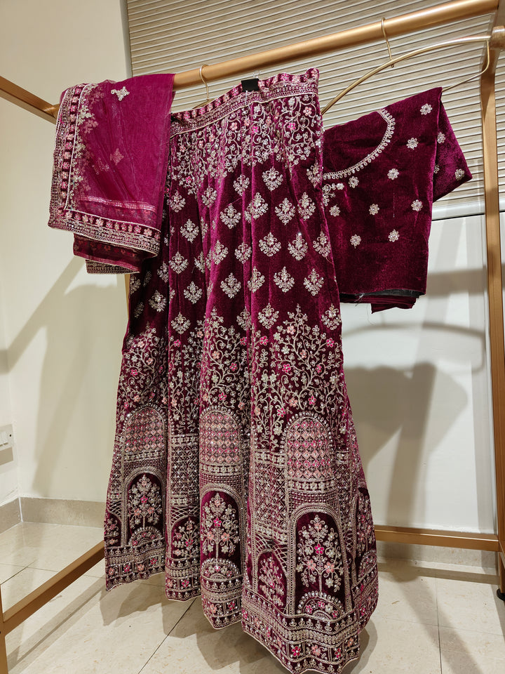 Regal Maroon Velvet Bridal Lehenga