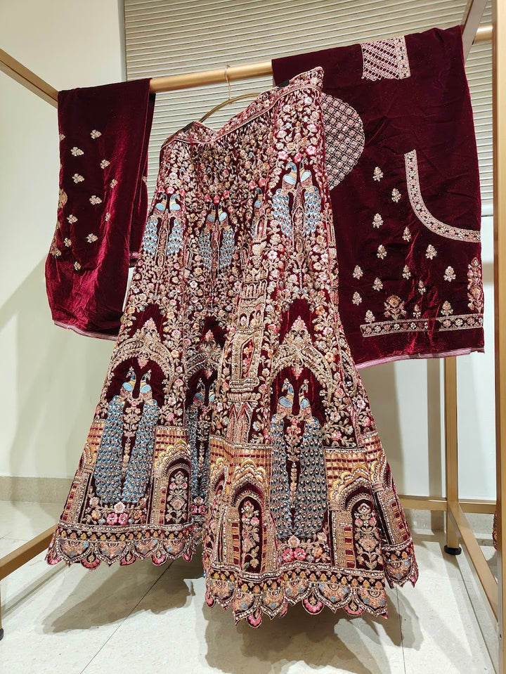 Maroon Velvet Lehenga with Peacock Motifs