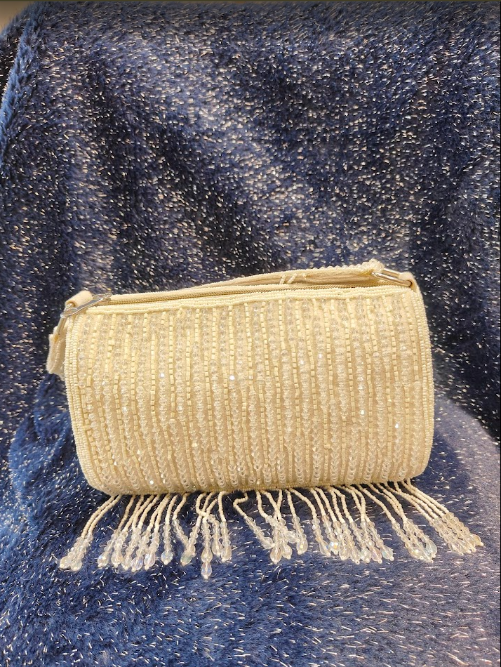 White Fringe Beaded Handbag